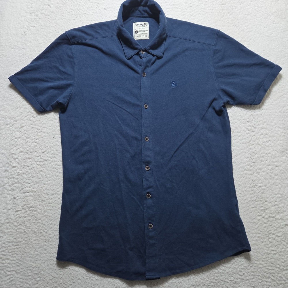 YoungLA Button Up Shirt Mens Sz Large Blue Short Sleeve Cuffed Embroidered Logo